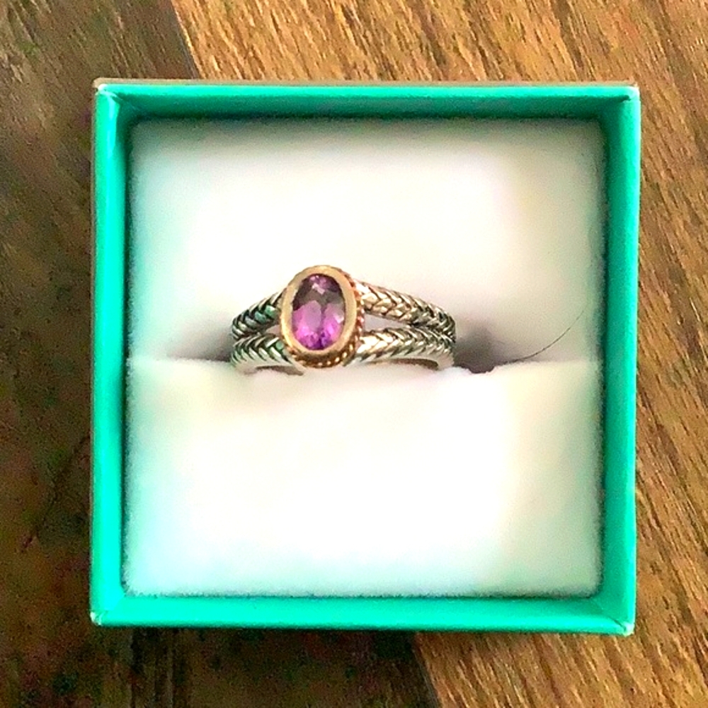 Effy 18KP Yellow Gold, Sterling Silver & Amethyst Engraved Ring